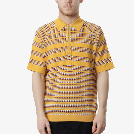 Beams Plus Half Zip Knit Polo Jaquard Shirt, Yellow, Detail Shot 1