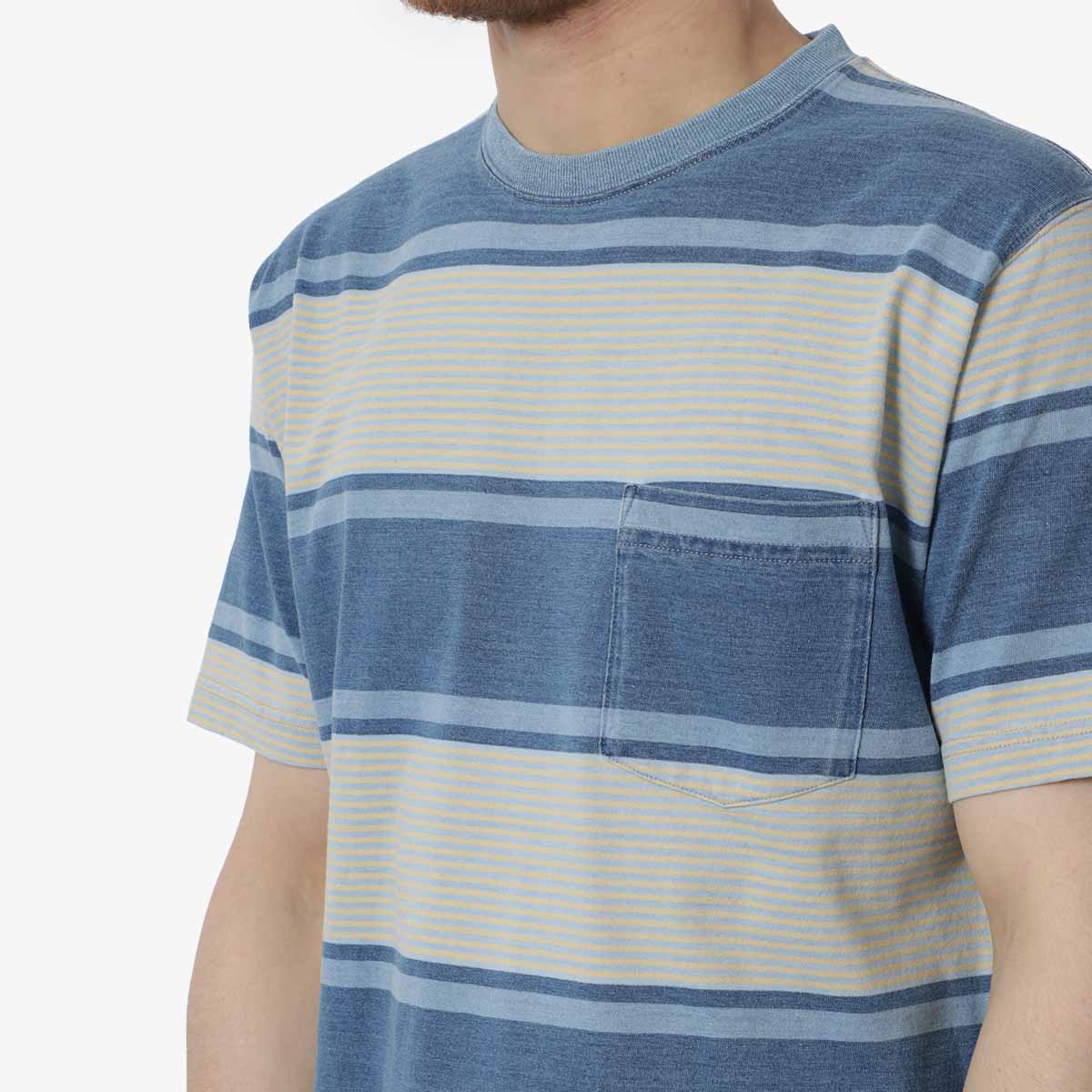 Beams Plus Indigo Stripe Pocket T-Shirt, Sax (Bleach), Detail Shot 2