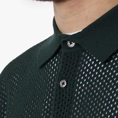 Beams Plus Knit Polo Mesh Stripe Shirt, Green, Detail Shot 3