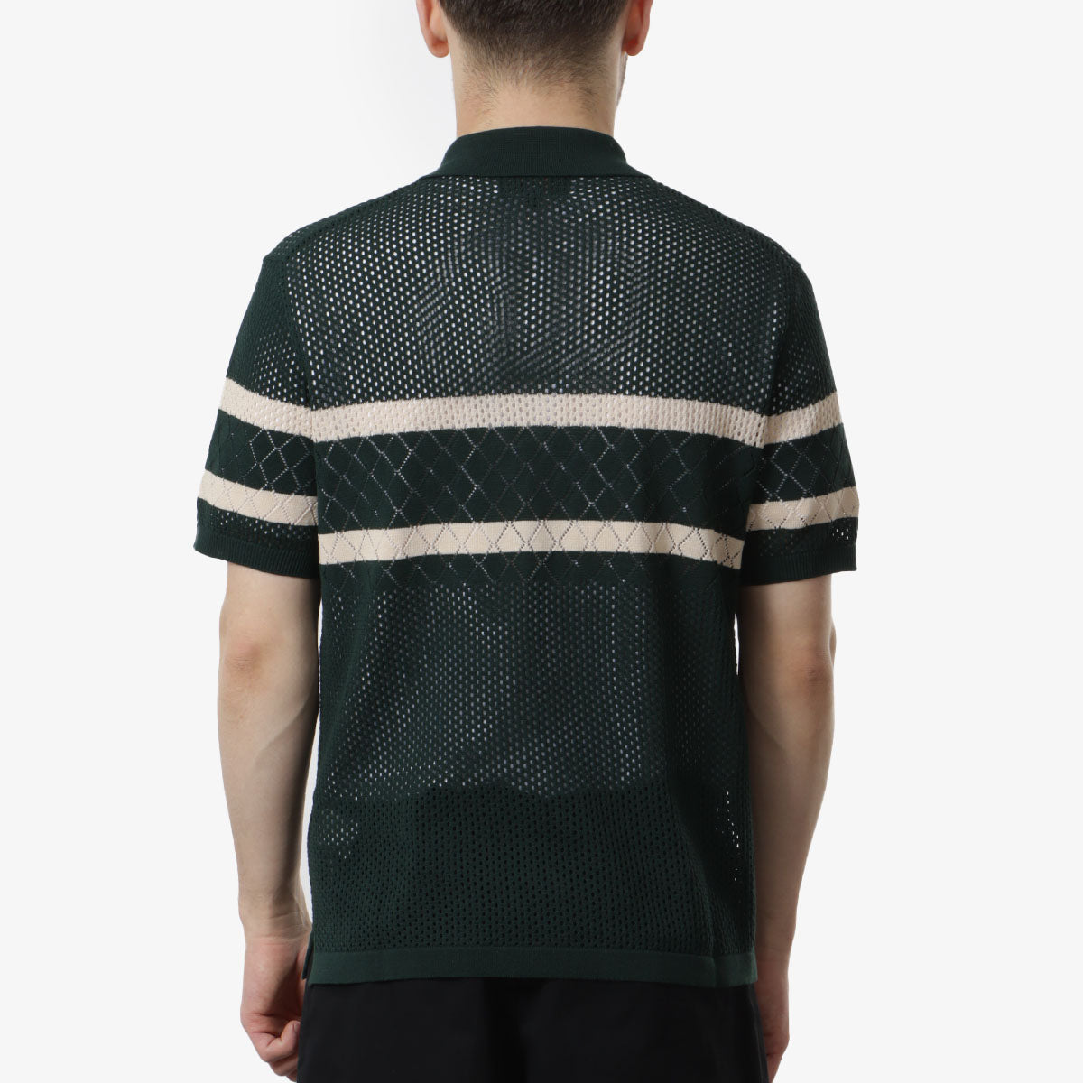 Beams Plus Knit Polo Mesh Stripe Shirt, Green, Detail Shot 4