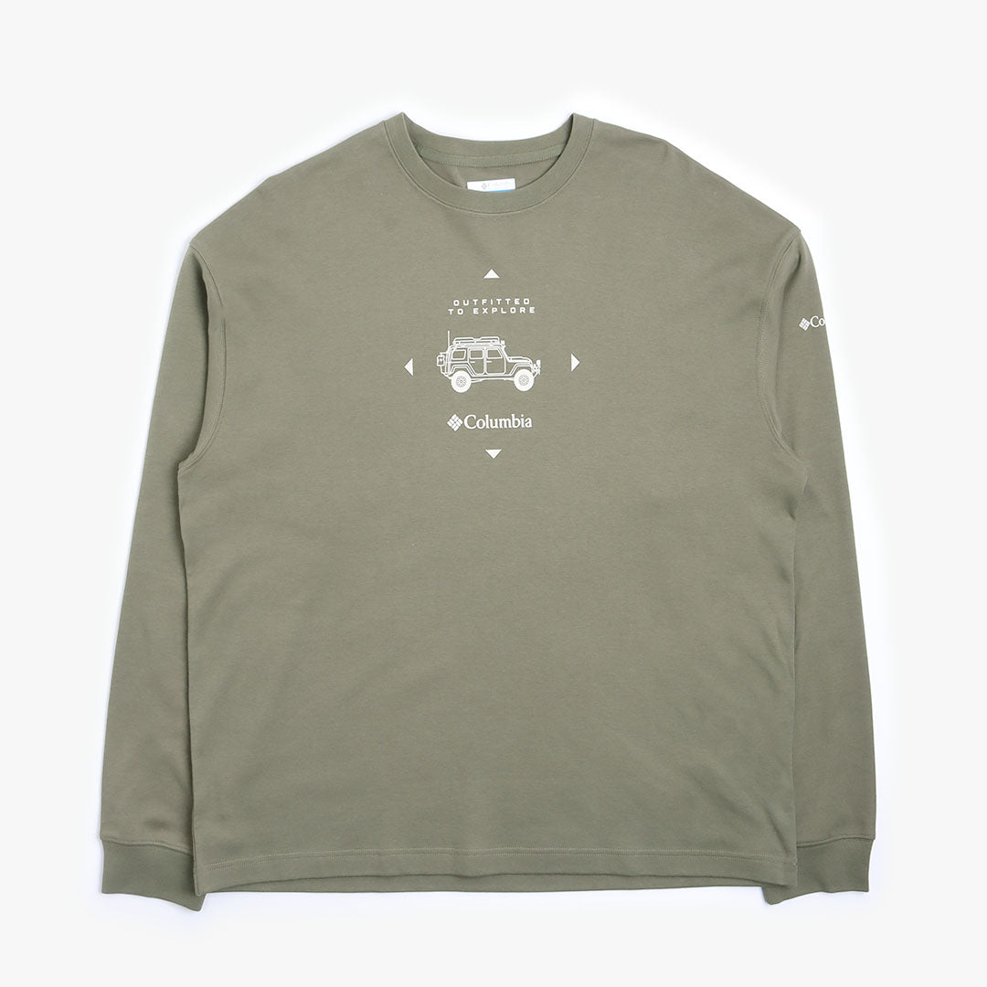 Columbia Duxbery Relaxed Long Sleeve T-Shirt, Stone Green Overlander Graphic, Detail Shot 1