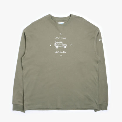 Columbia Duxbery Relaxed Long Sleeve T-Shirt, Stone Green Overlander Graphic, Detail Shot 1