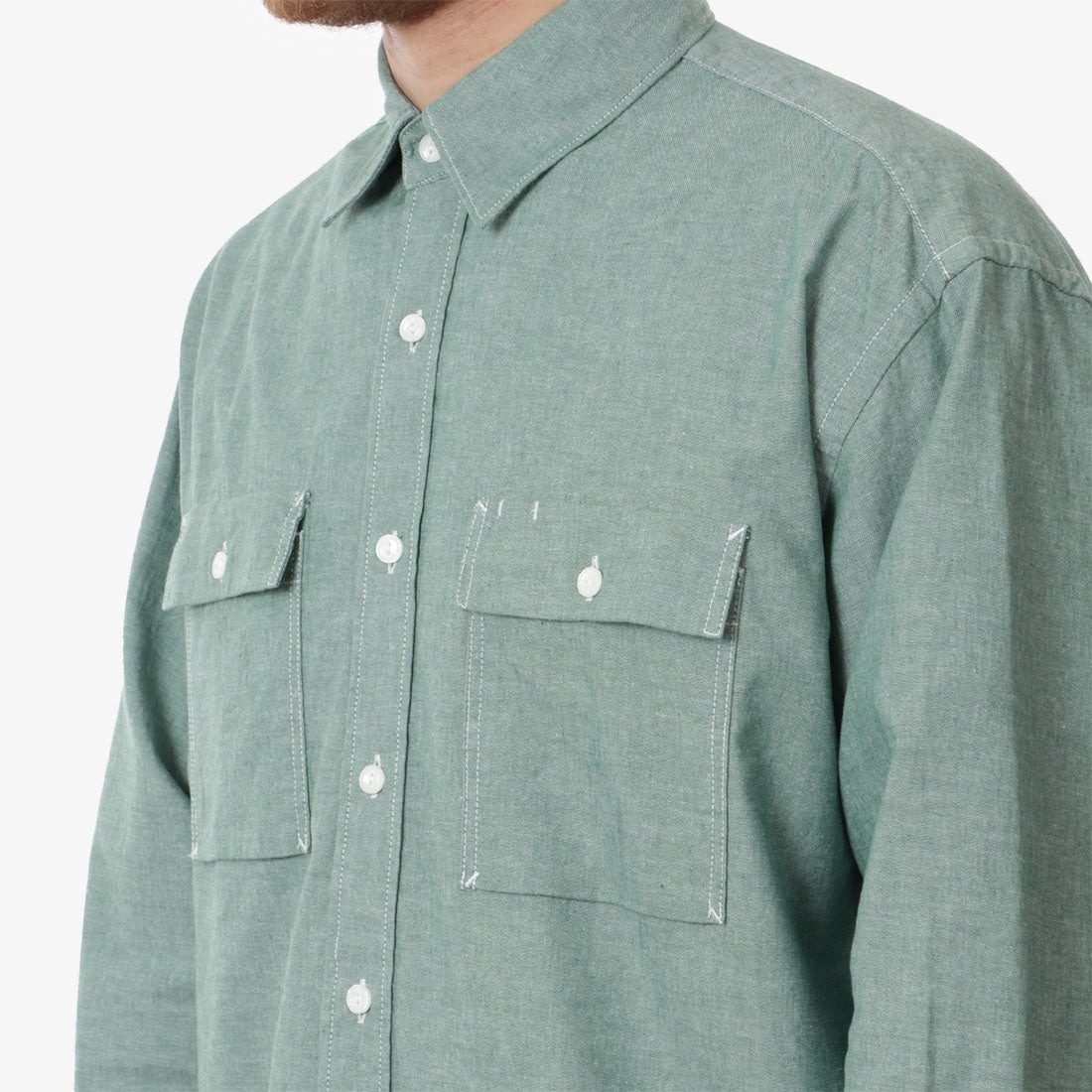 FrizmWORKS Cigarette Pocket Chambray Shirt, Green, Detail Shot 2