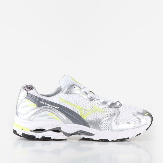 Mizuno Wave Rider 10 Shoes, White Sunny Lime Silver, Detail Shot 1