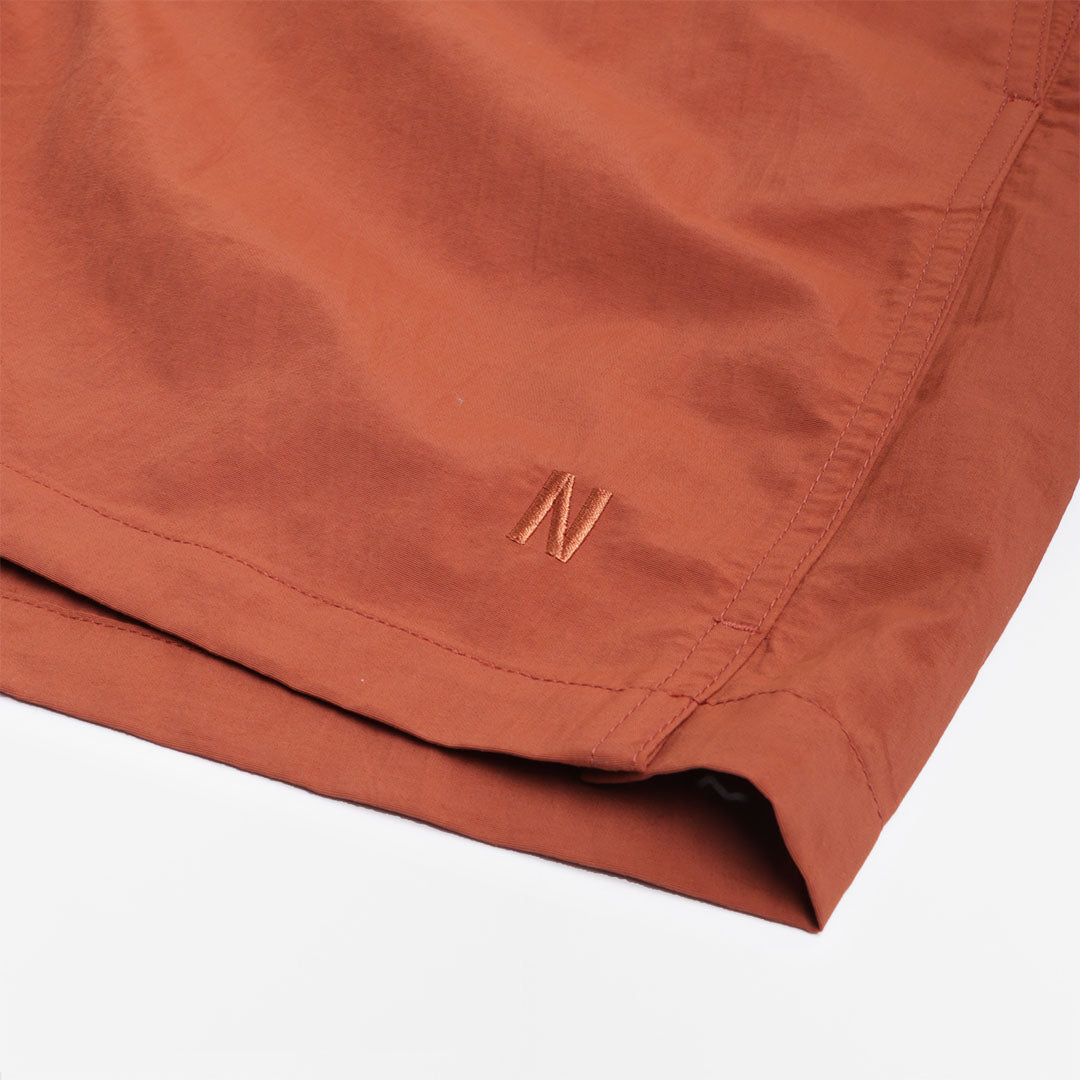 Norse Projects Hauge Recycled Nylon Swim Shorts, Red Ochre, Detail Shot 2