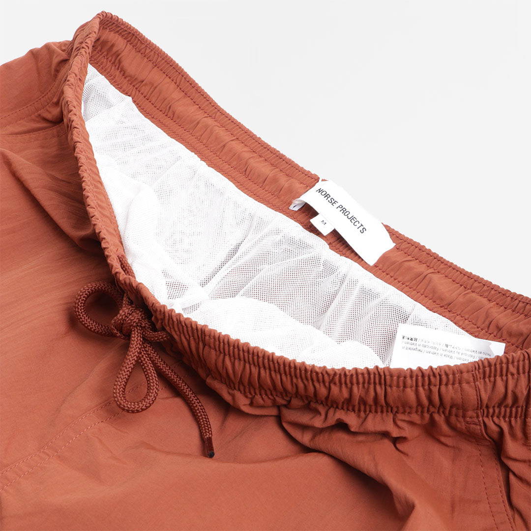Norse Projects Hauge Recycled Nylon Swim Shorts, Red Ochre, Detail Shot 5