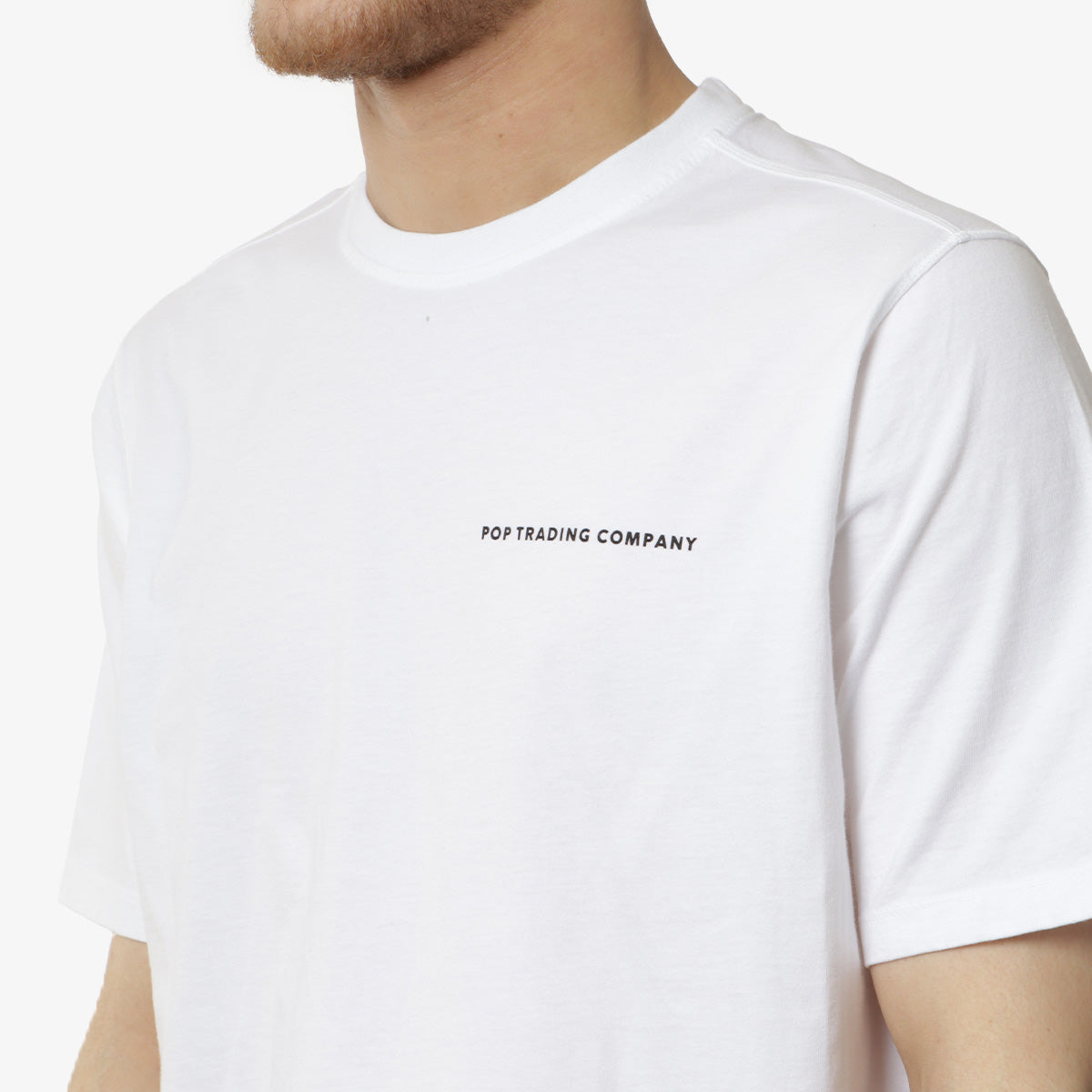Pop Trading Company Logo T-Shirt, White Black, Detail Shot 3