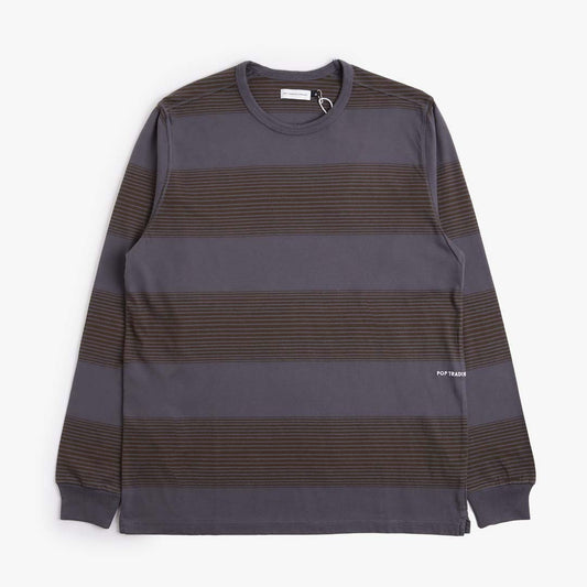 Pop Trading Company Striped Logo Long Sleeve T-Shirt, Charcoal Delicios, Detail Shot 1
