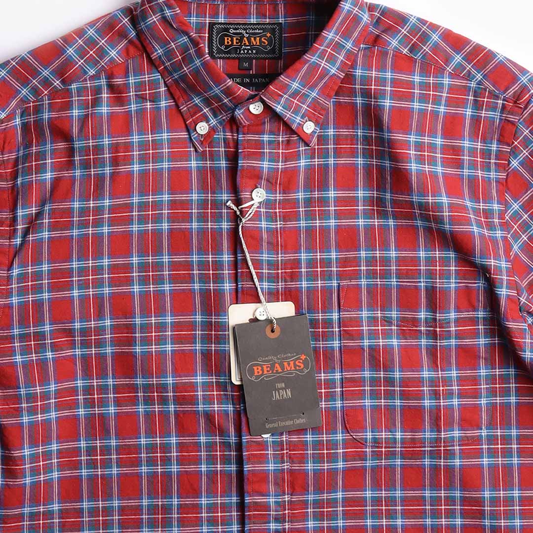 Beams Plus Short Sleeve Button Down Indigo Yarn Tartan Check Shirt, Red, Detail Shot 2