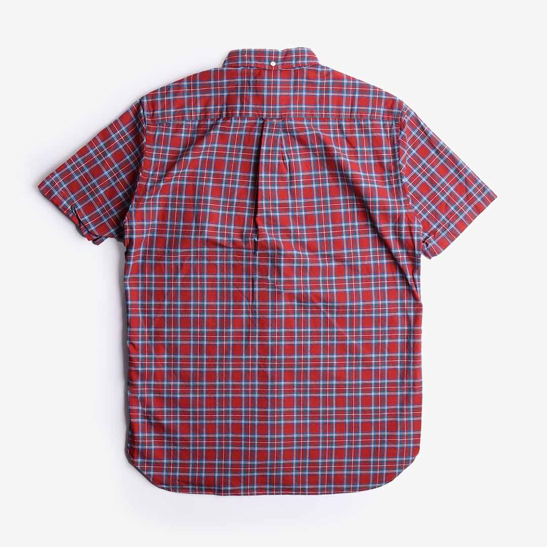 Beams Plus Short Sleeve Button Down Indigo Yarn Tartan Check Shirt, Red, Detail Shot 3