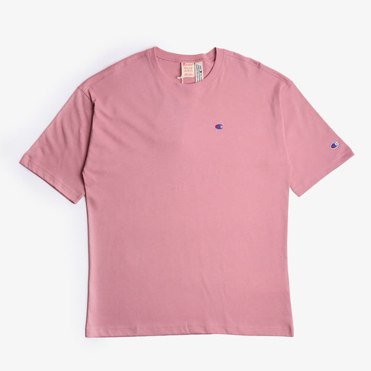 Champion Reverse Weave Small C Crewneck T-Shirt, Dark Pink, Detail Shot 1