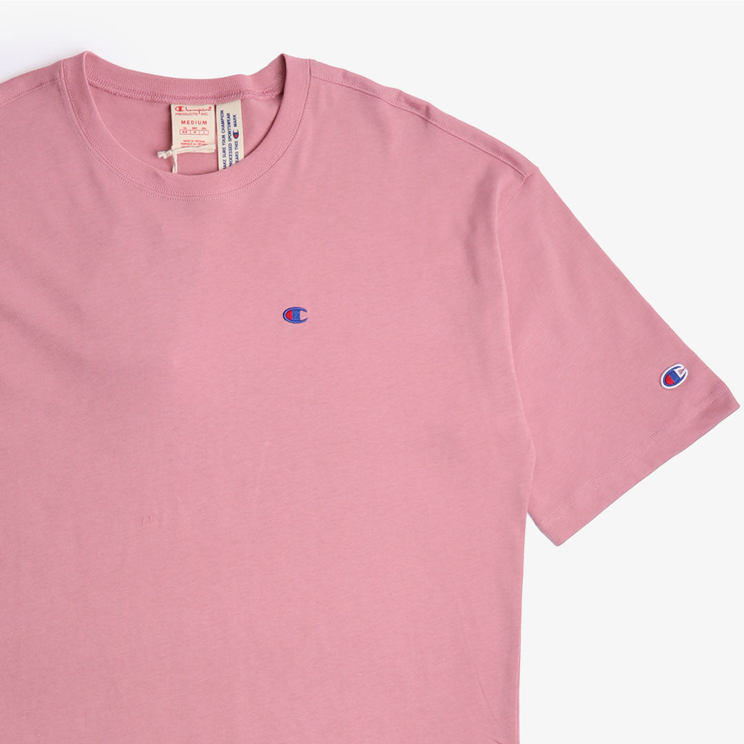 Champion Reverse Weave Small C Crewneck T-Shirt, Dark Pink, Detail Shot 2
