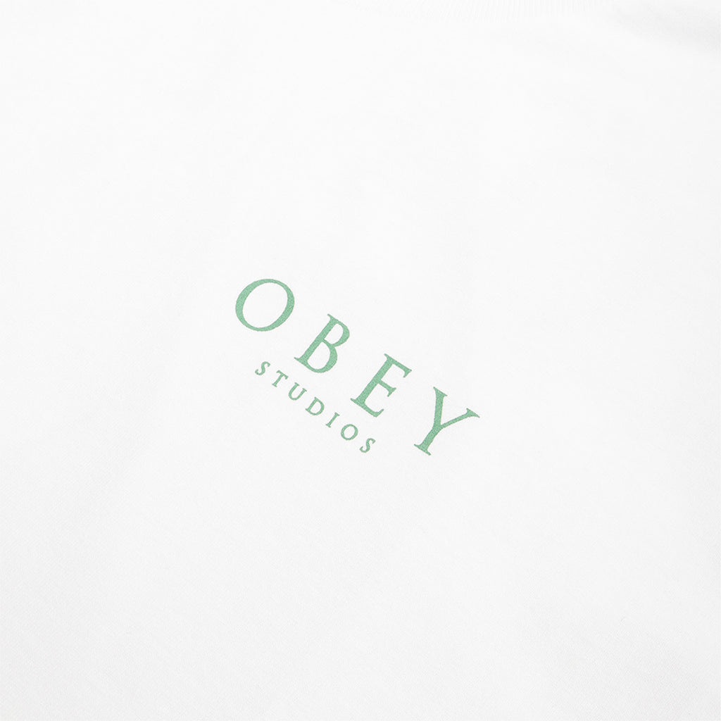 Green OBEY Studios chest print on white cotton