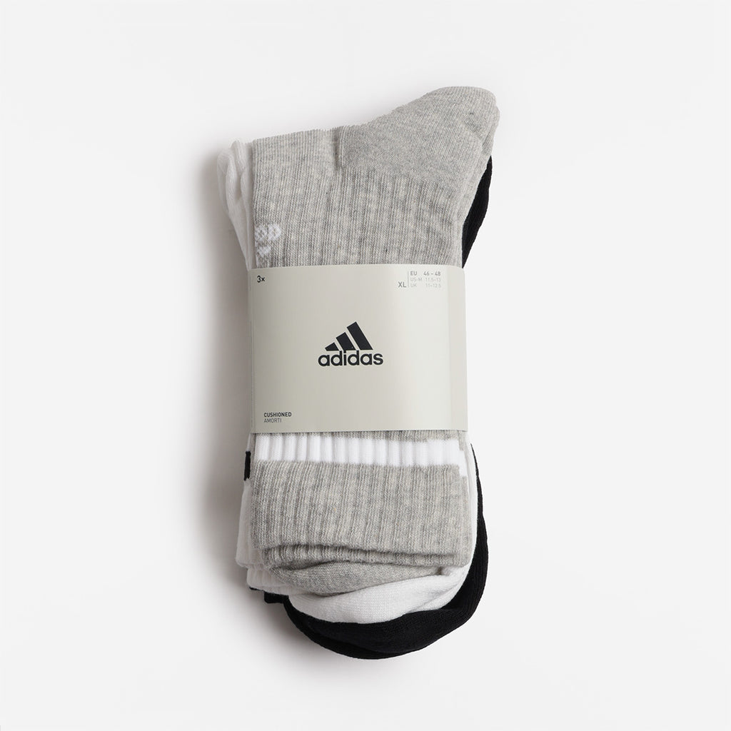 Adidas Originals 3-Stripes Cushioned Crew Socks 3 Pairs, Medium Grey Heather White Black White, Detail Shot 1