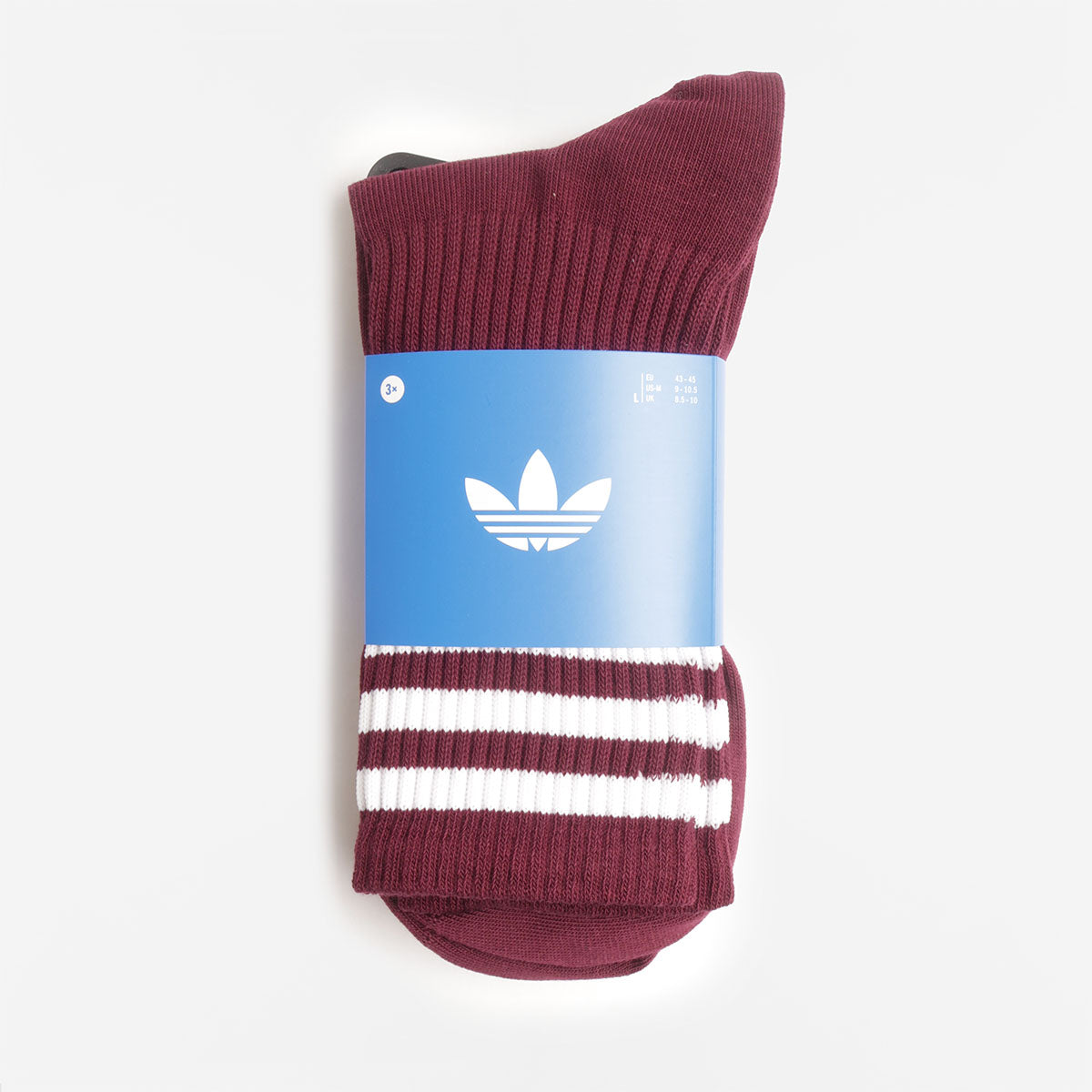 Adidas Originals 3 Stripes Crew Socks 3 Pairs, Maroon Aurora Ivy Cardboard, Detail Shot 1