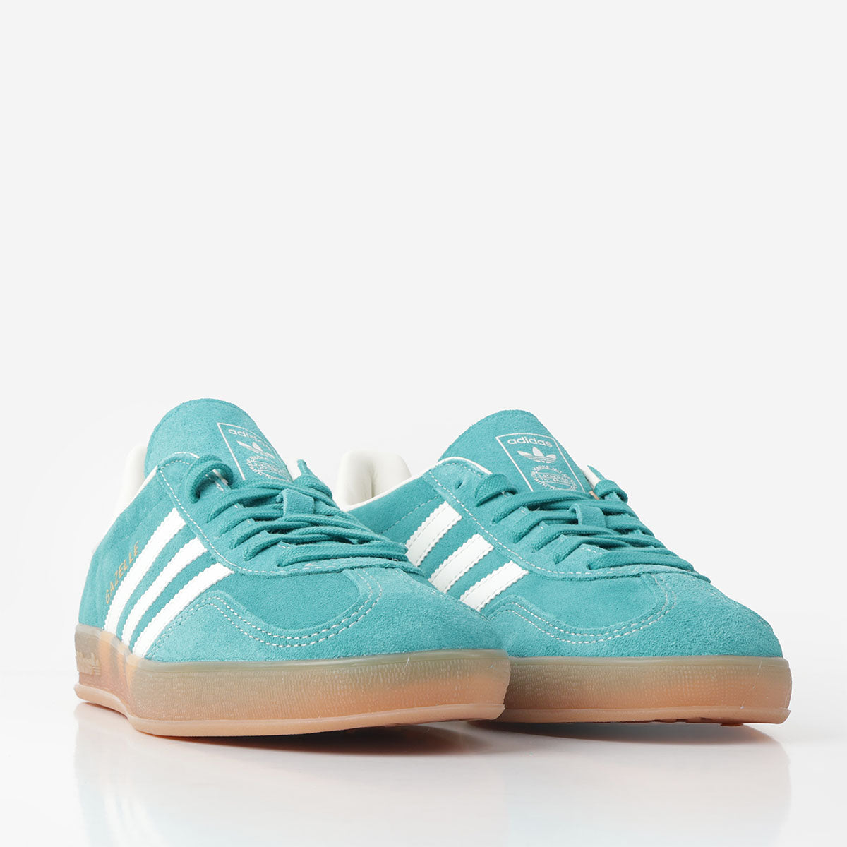 main Adidas Originals Gazelle Indoor Shoes, Pure Teal Off White Gold Metallic, Detail Shot 2