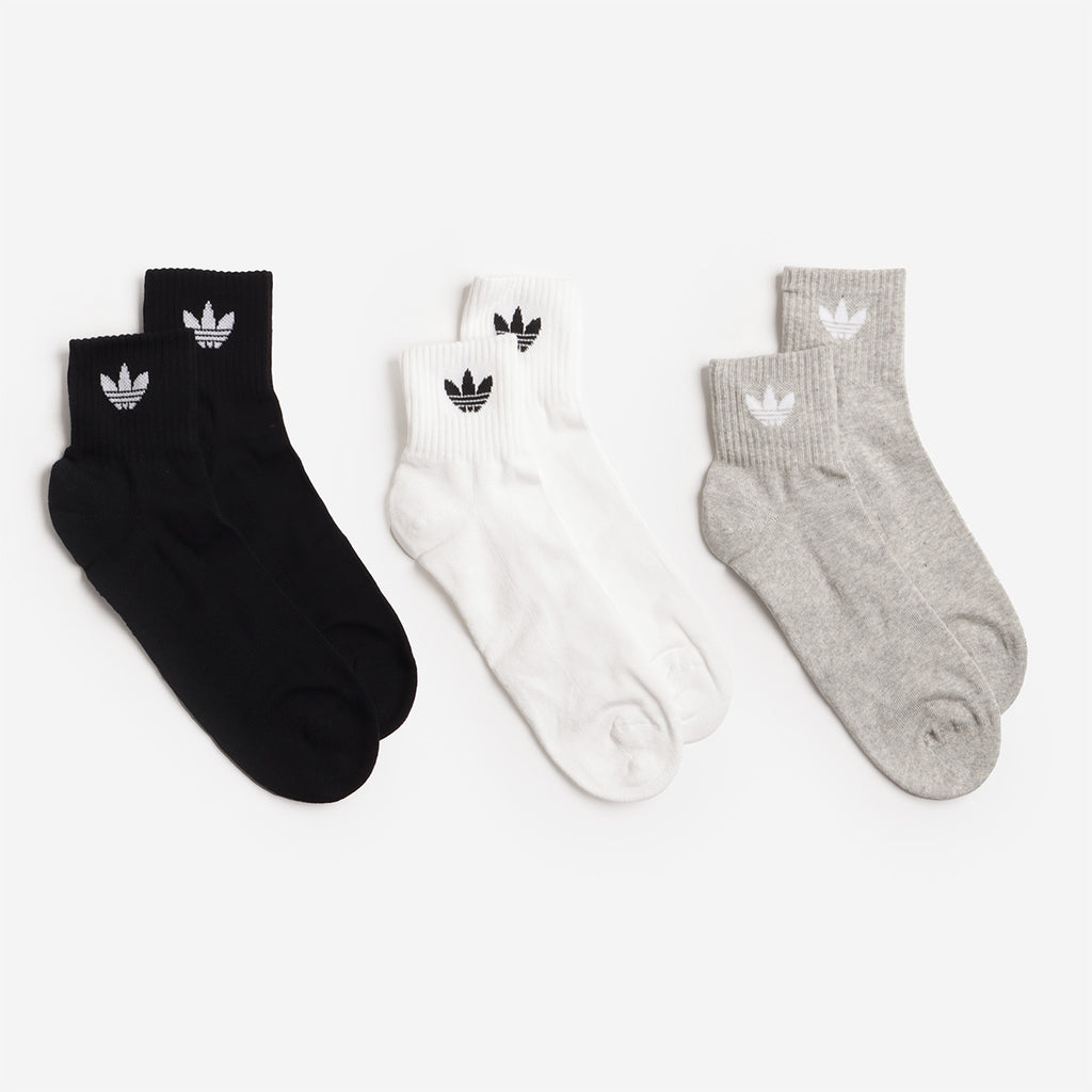 Adidas Originals Mid Crew Socks 3 Pairs, White Medium Grey Heather Black, Detail Shot 1