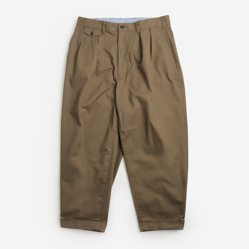 Beams Plus 2 Pleats Tapered Twill Pants in Olive, front view