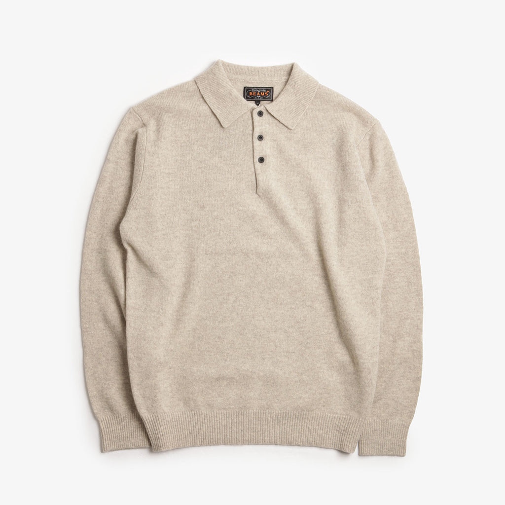 Beams Plus 9G Knit Polo Shirt, Beige, Detail Shot 1