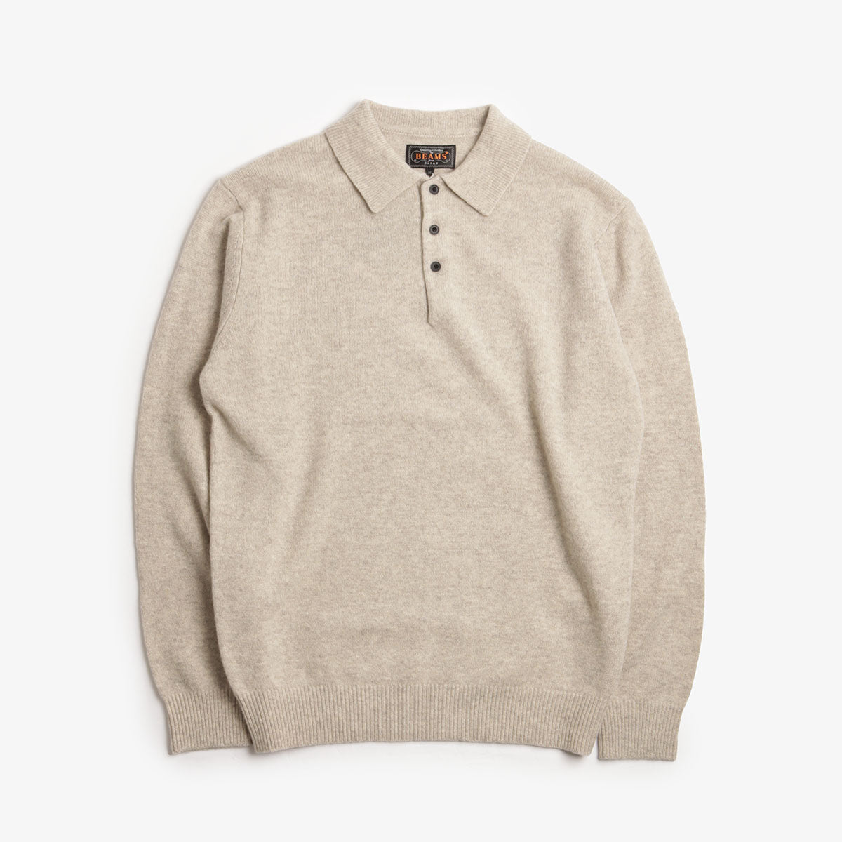 Beams Plus 9G Knit Polo Shirt, Beige, Detail Shot 1