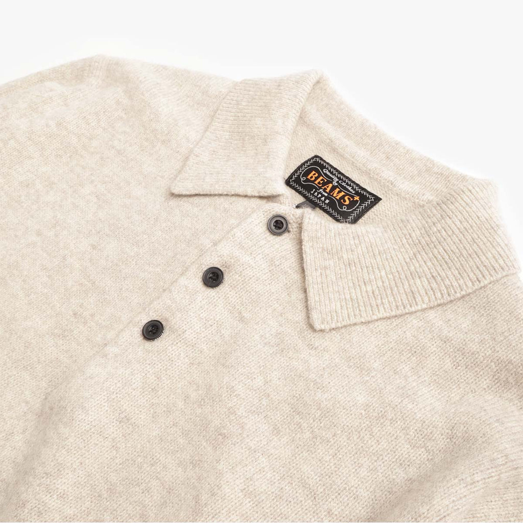 Beams Plus 9G Knit Polo Shirt, Beige, Detail Shot 2