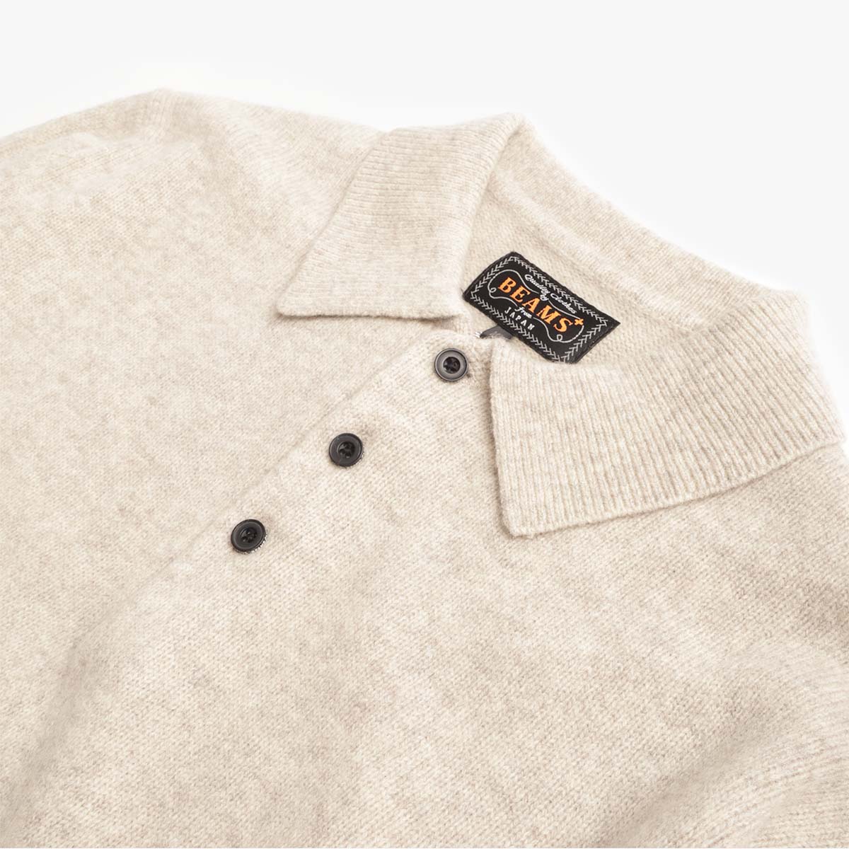 Beams Plus 9G Knit Polo Shirt, Beige, Detail Shot 2