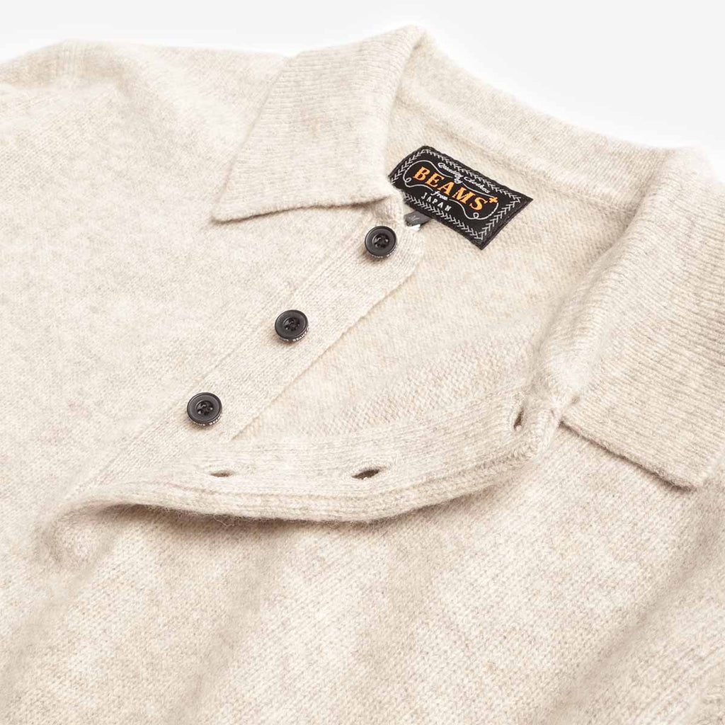 Beams Plus 9G Knit Polo Shirt, Beige, Detail Shot 3