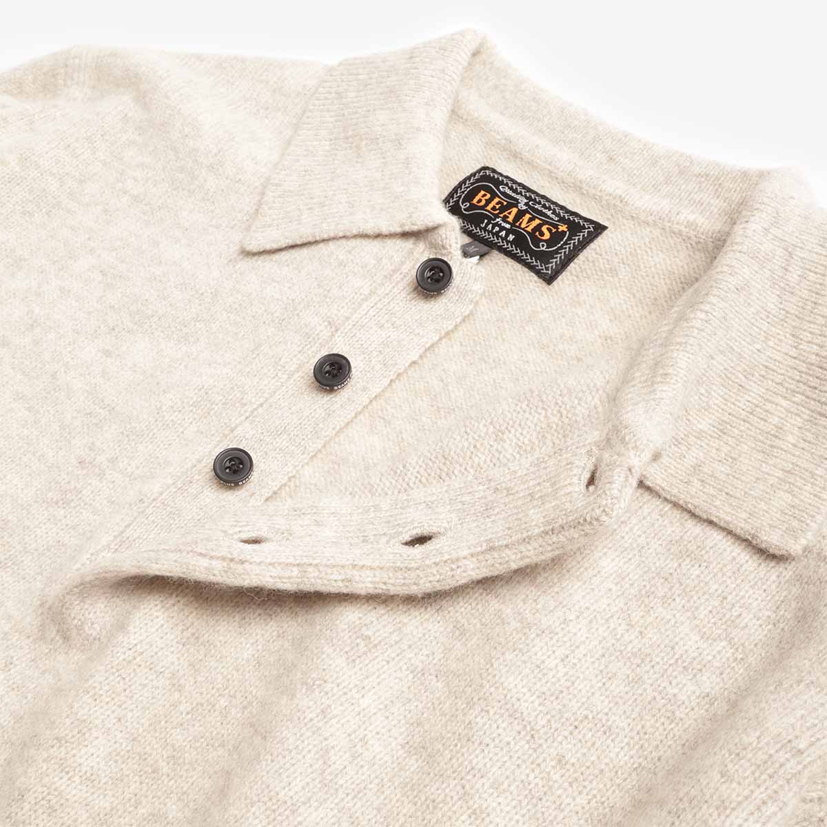 Beams Plus 9G Knit Polo Shirt, Beige, Detail Shot 3