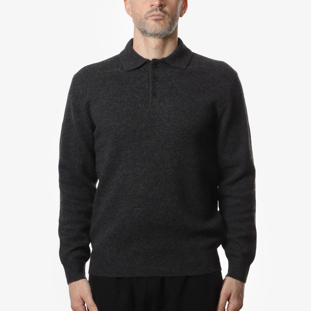Beams Plus 9G Knit Polo Shirt, Charcoal, Detail Shot 1