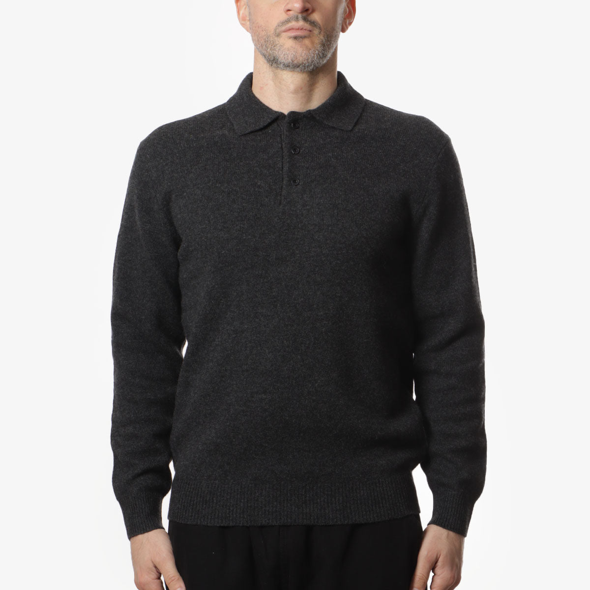 Beams Plus 9G Knit Polo Shirt, Charcoal, Detail Shot 1