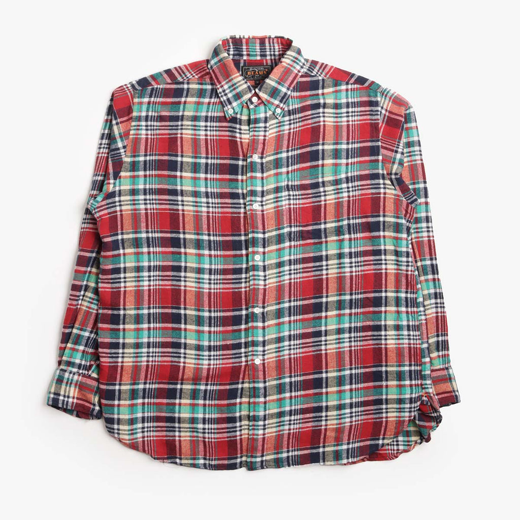 Beams Plus Button Down Classic Fit Indian Flannel Plaid Shirt, Red Plaid, Detail Shot 1