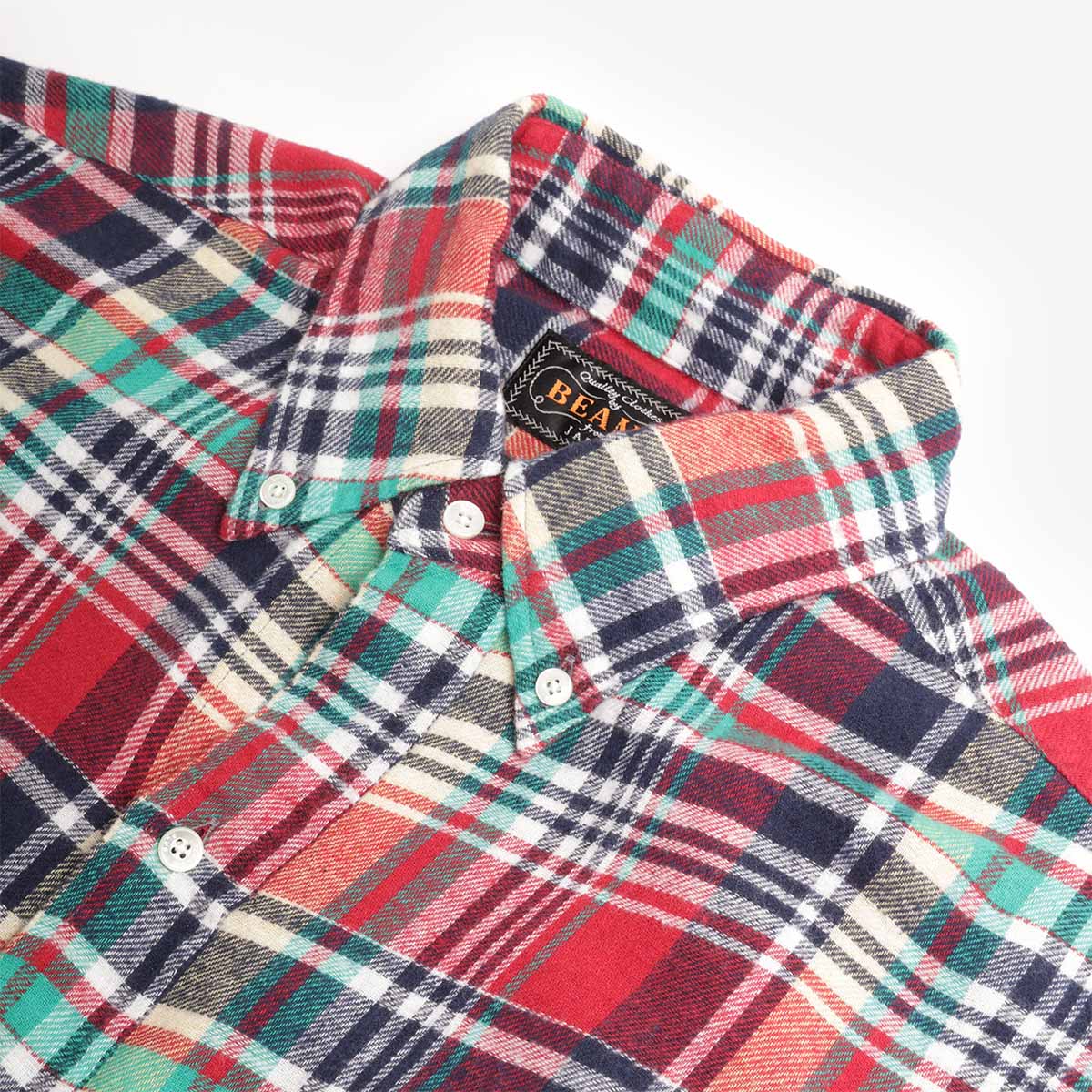 Beams Plus Button Down Classic Fit Indian Flannel Plaid Shirt, Red Plaid, Detail Shot 2
