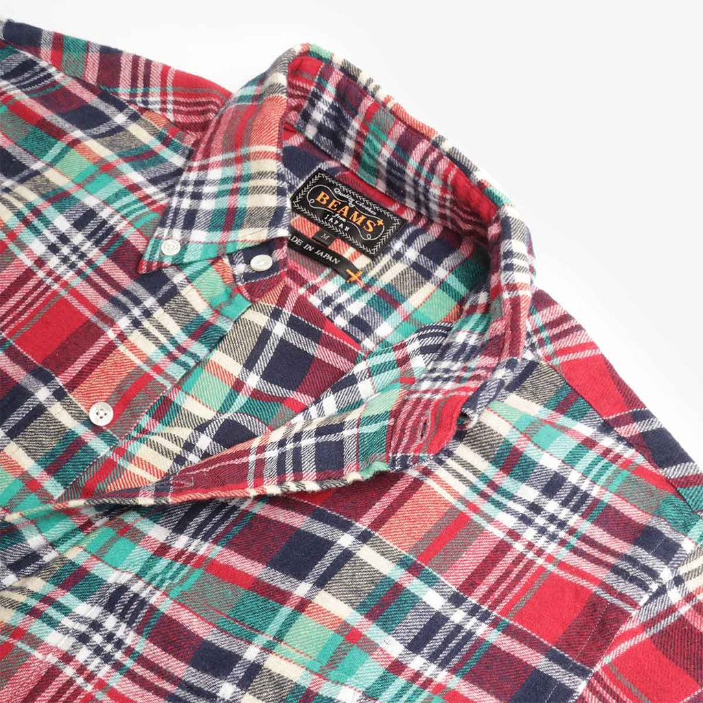 Beams Plus Button Down Classic Fit Indian Flannel Plaid Shirt, Red Plaid, Detail Shot 3