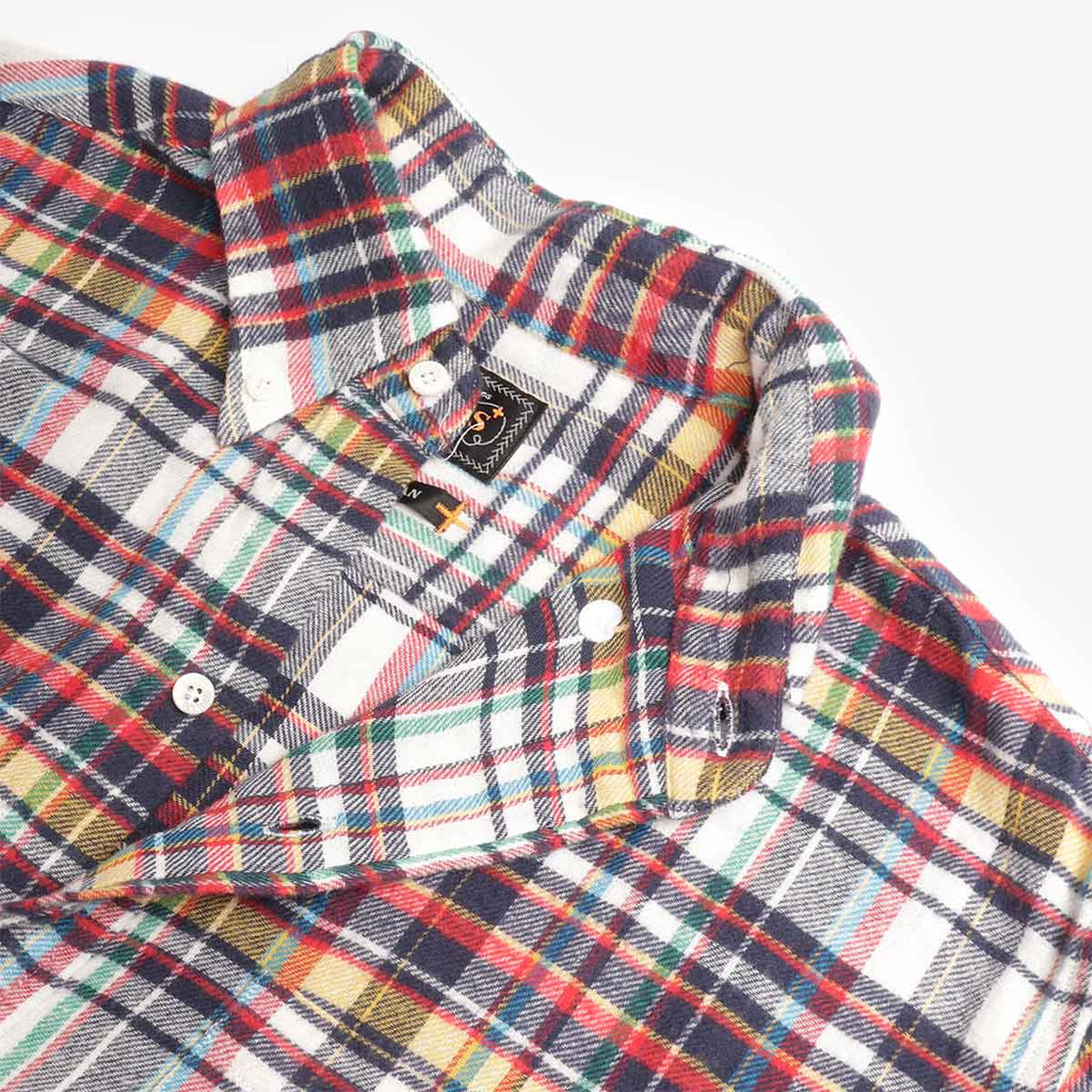 Beams Plus Button Down Classic Fit Indian Flannel Plaid Shirt, White Plaid, Detail Shot 3