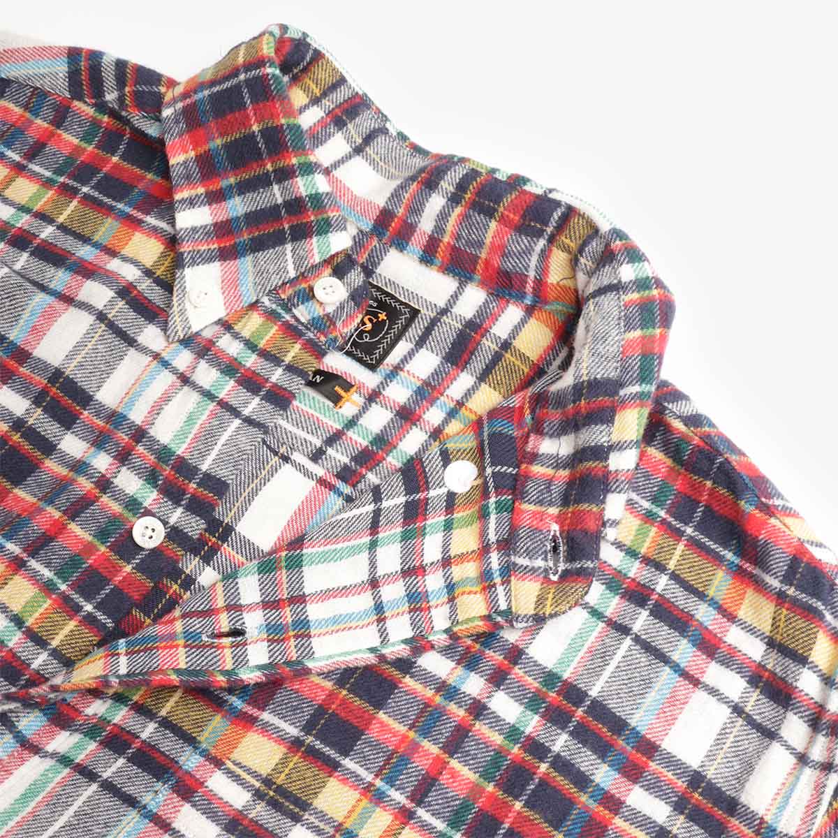 Beams Plus Button Down Classic Fit Indian Flannel Plaid Shirt, White Plaid, Detail Shot 3