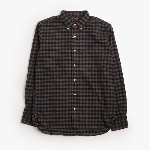 Beams Plus Button Down Gingham Check Shaggy Shirt in Grey/Black check, front view