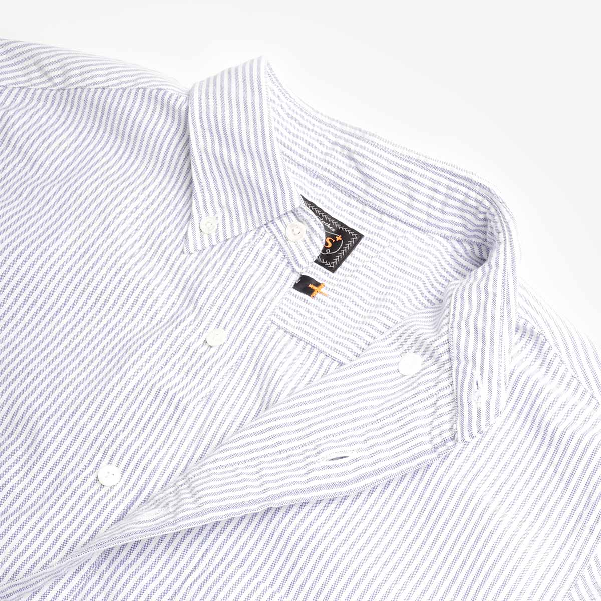 Beams Plus Button Down Oxford Candy Stripe Shirt, Blue, Detail Shot 4
