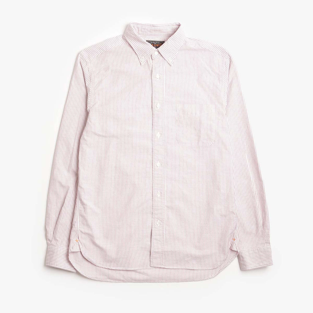 Beams Plus Button Down Oxford Candy Stripe Shirt, Wine, Detail Shot 1