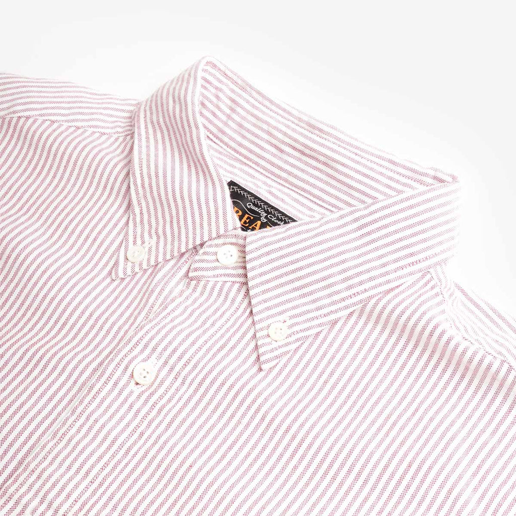Beams Plus Button Down Oxford Candy Stripe Shirt, Wine, Detail Shot 3