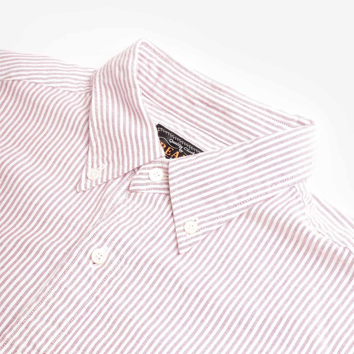 Beams Plus Button Down Oxford Candy Stripe Shirt, Wine, Detail Shot 3