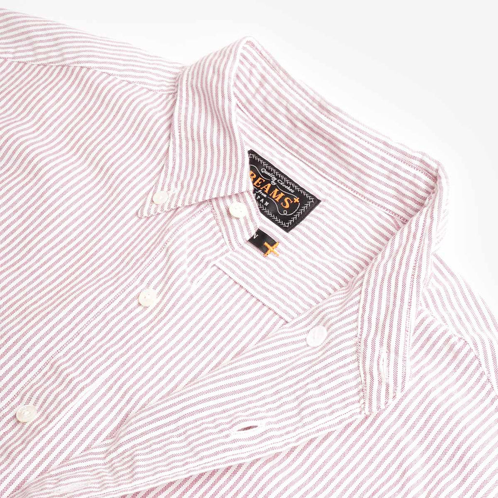 Beams Plus Button Down Oxford Candy Stripe Shirt, Wine, Detail Shot 4