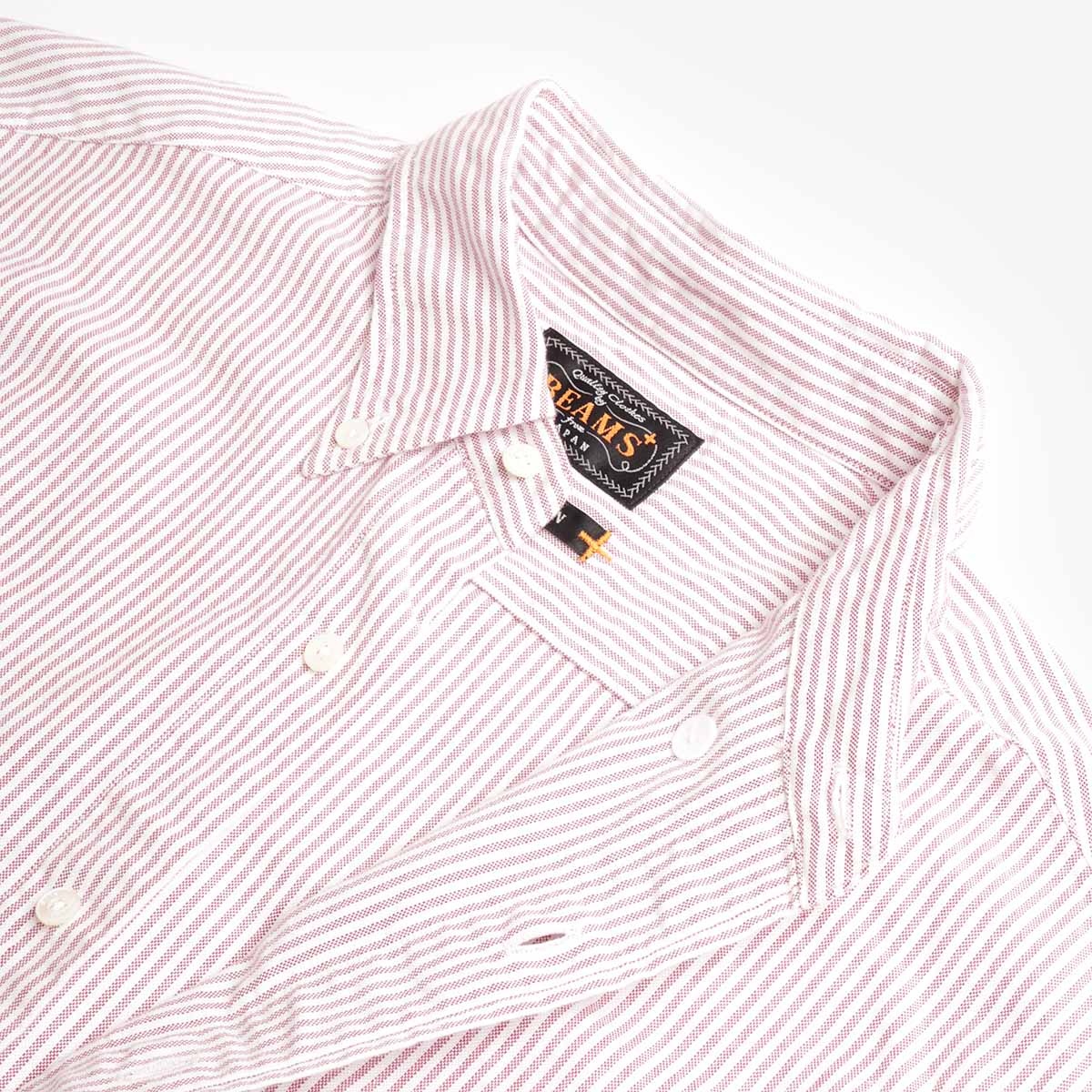 Beams Plus Button Down Oxford Candy Stripe Shirt, Wine, Detail Shot 4