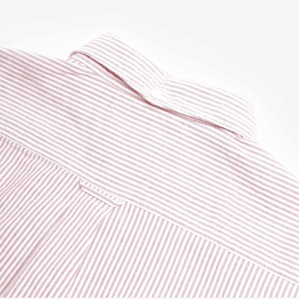 Beams Plus Button Down Oxford Candy Stripe Shirt, Wine, Detail Shot 5