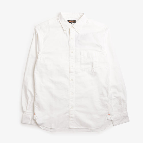 Beams Plus Button Down Oxford Shirt in White, front view