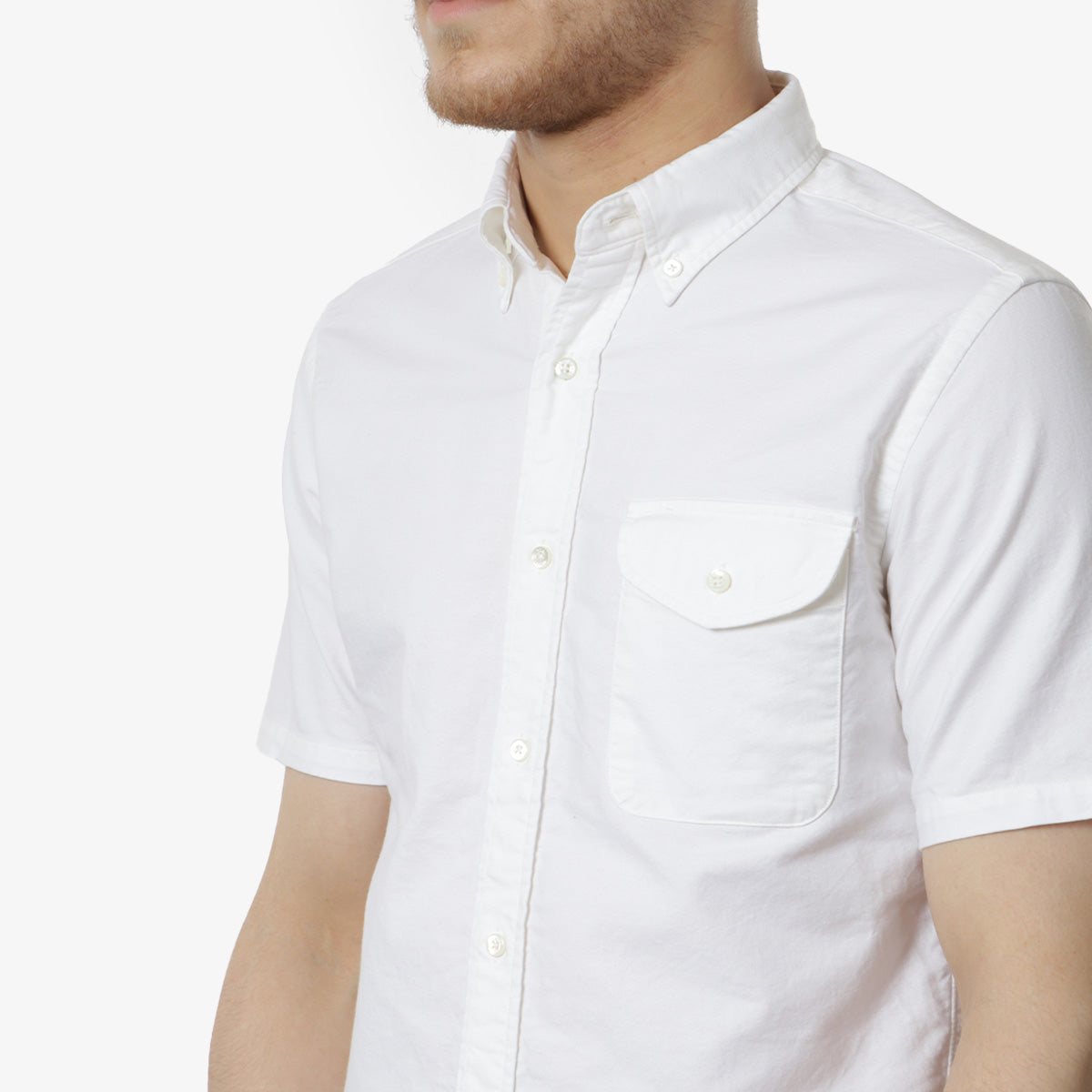 Beams Plus Button Down Short Sleeve Oxford Shirt, White, Detail Shot 2