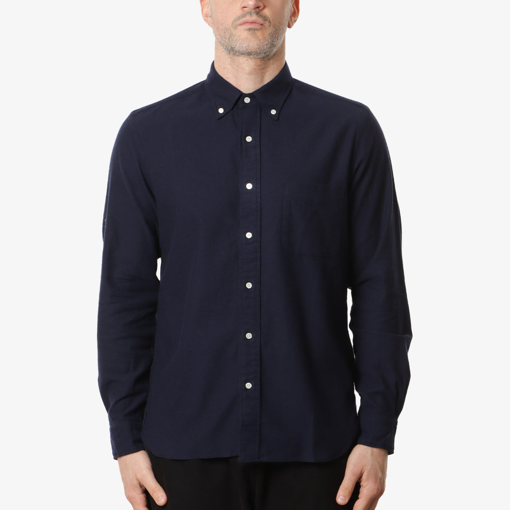 Beams Plus Button Down Solid Flannel Shirt, Navy, Detail Shot 1