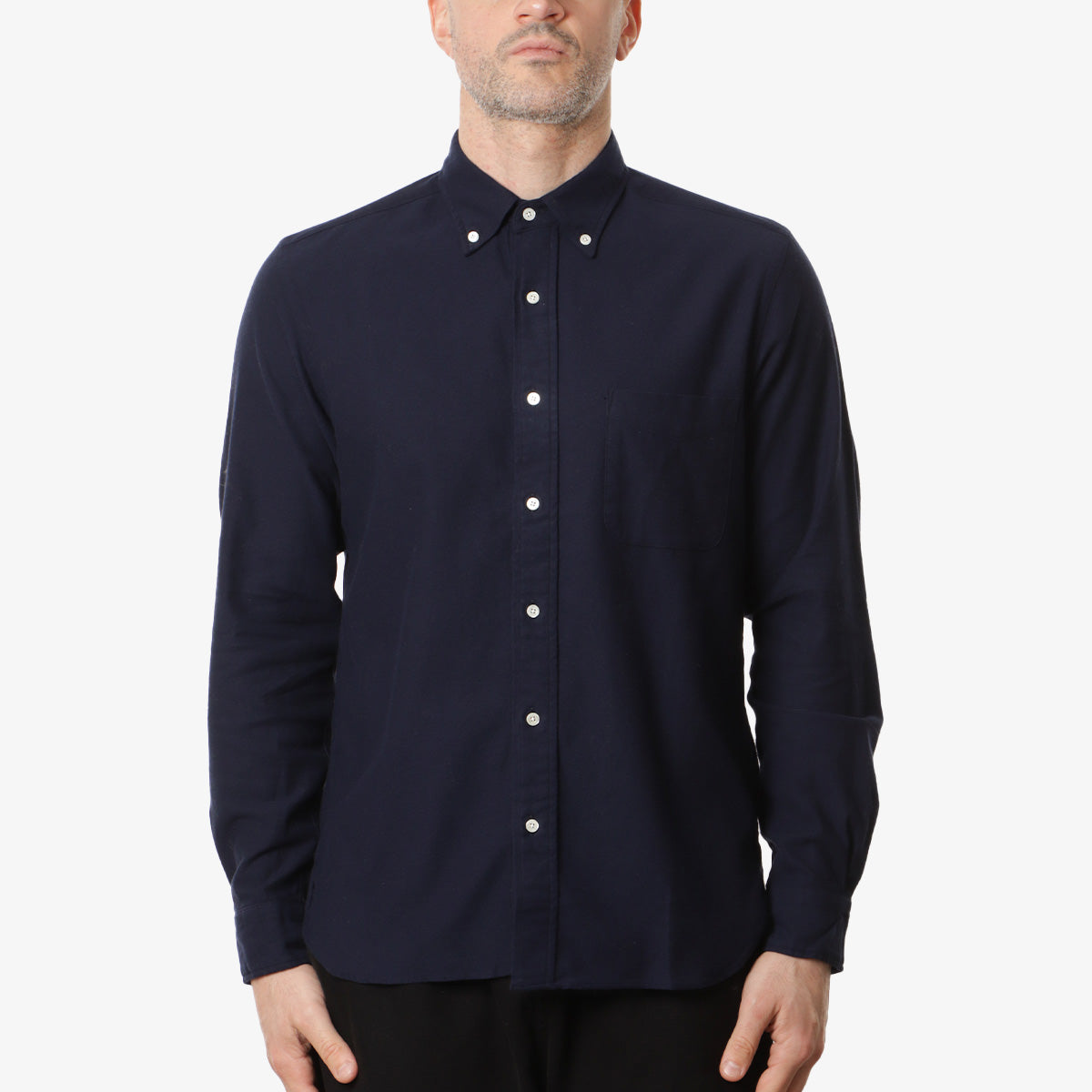 Beams Plus Button Down Solid Flannel Shirt, Navy, Detail Shot 1