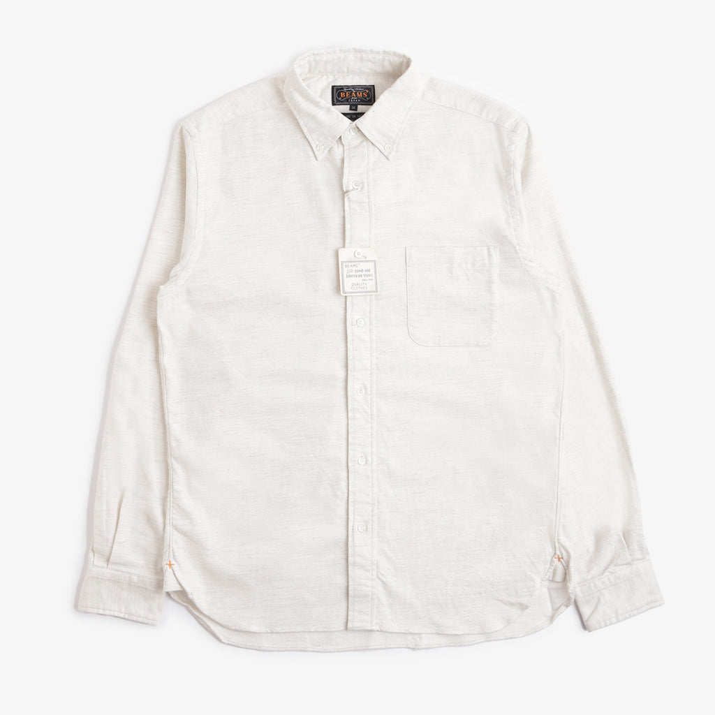 Beams Plus Button Down Solid Flannel Shirt, Off White, Detail Shot 1