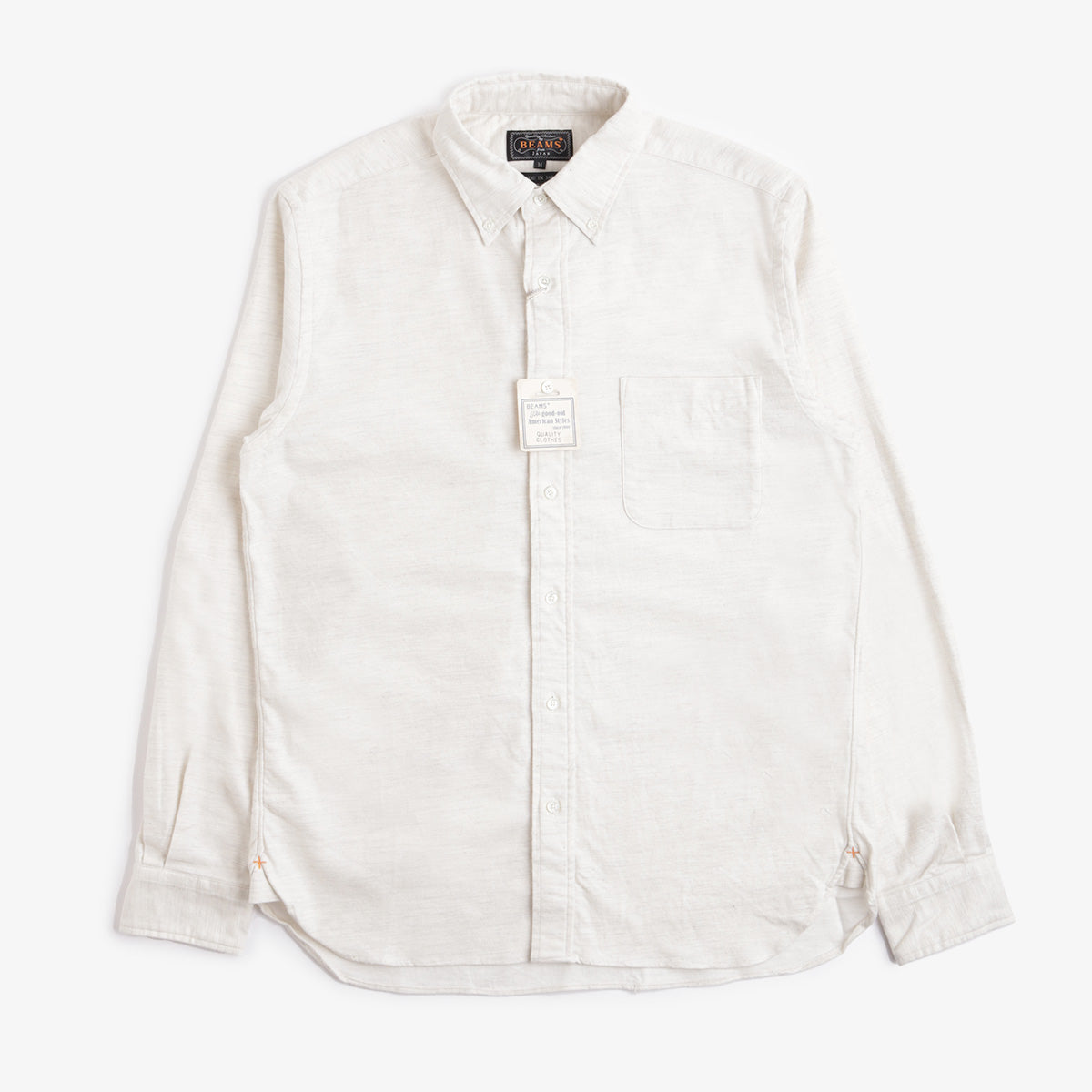 Beams Plus Button Down Solid Flannel Shirt, Off White, Detail Shot 1