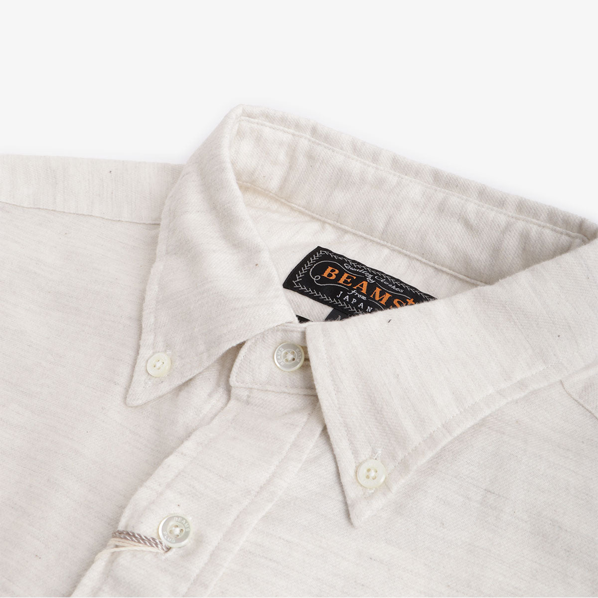 Beams Plus Button Down Solid Flannel Shirt, Off White, Detail Shot 2